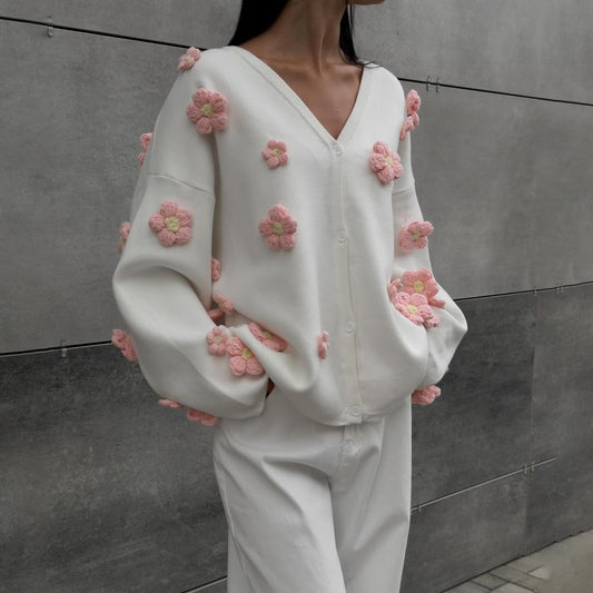 Damen Strickjacke mit floralem 3D-Design und V-Ausschnitt Stalluxe