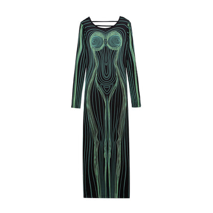 Damen Maxikleid mit kreativem Bodysculpting-Design und langen Ärmeln Stalluxe