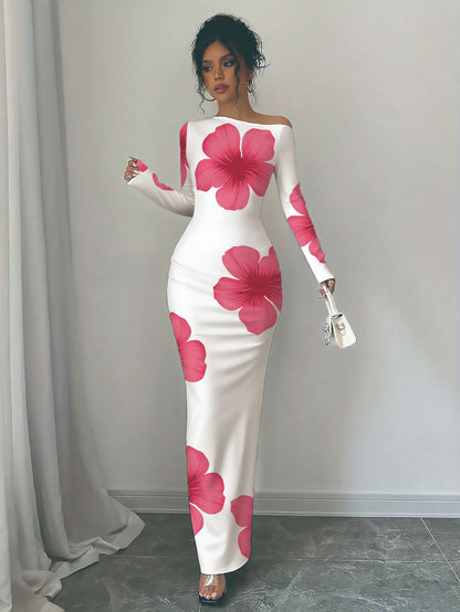 Damen elegantes Langarmkleid mit floralem Motiv Stalluxe