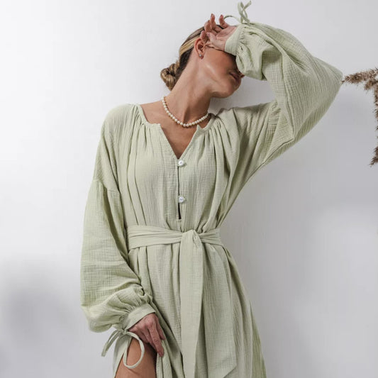 Damen elegantes Maxikleid mit Taillengürtel und Ballonärmeln Stalluxe