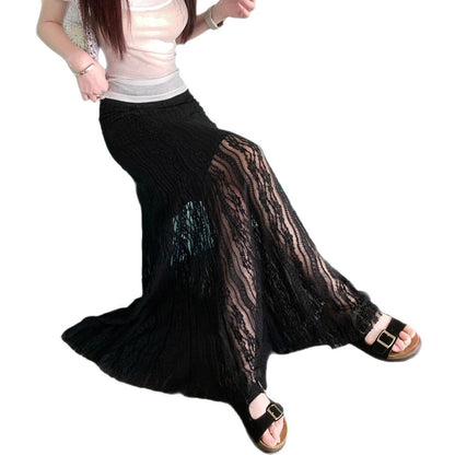Damen Eleganter Maxi-Rock mit transparenter Spitze und Falten Stalluxe