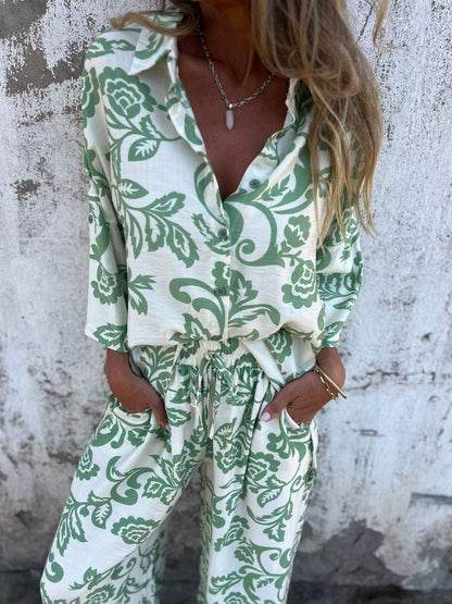 Women's Floral Print Button-Up Shirt and Wide-Leg Trouser Set Stalluxe
