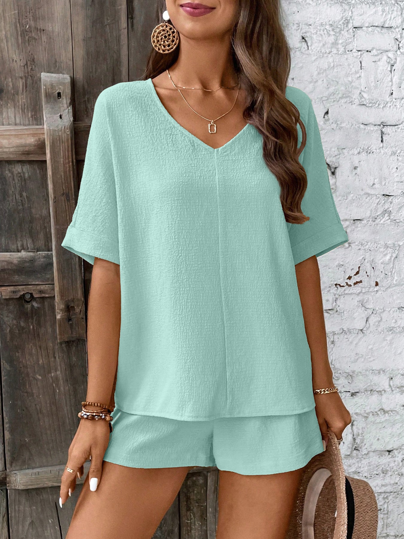 Damen Bequeme V-Ausschnitt Bluse mit Shorts Stalluxe