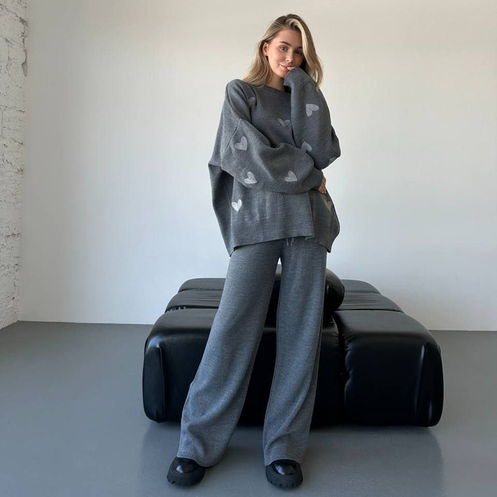 Damen Oversized Pullover mit Herzmotiv Stalluxe Grauweiß