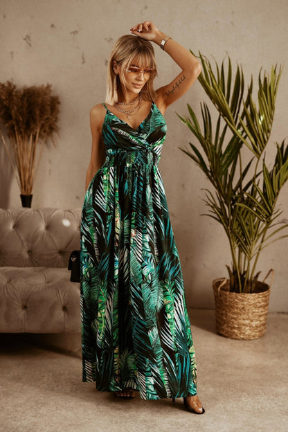 Damen Maxikleid mit eleganter Wickeloptik und tropischem Blattmuster Stalluxe