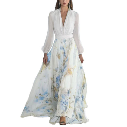 Damen Elegantes Maxikleid mit floralem Print und tiefem V-Ausschnitt Stalluxe