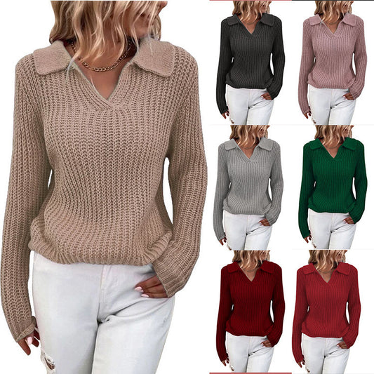 Damen V-Ausschnitt Strickpullover mit Kragen Stalluxe