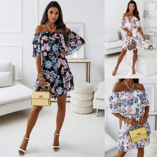 Damen Off-Shoulder Sommerkleid mit Rüschendetails und floralen Akzenten Stalluxe