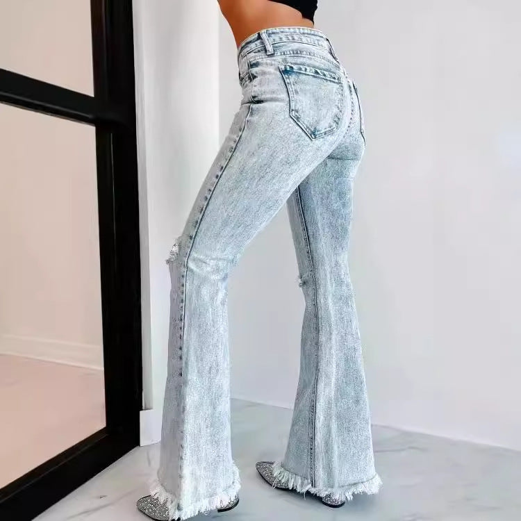 Damen Flared Jeans mit modischen Fransen und Rissen Stalluxe