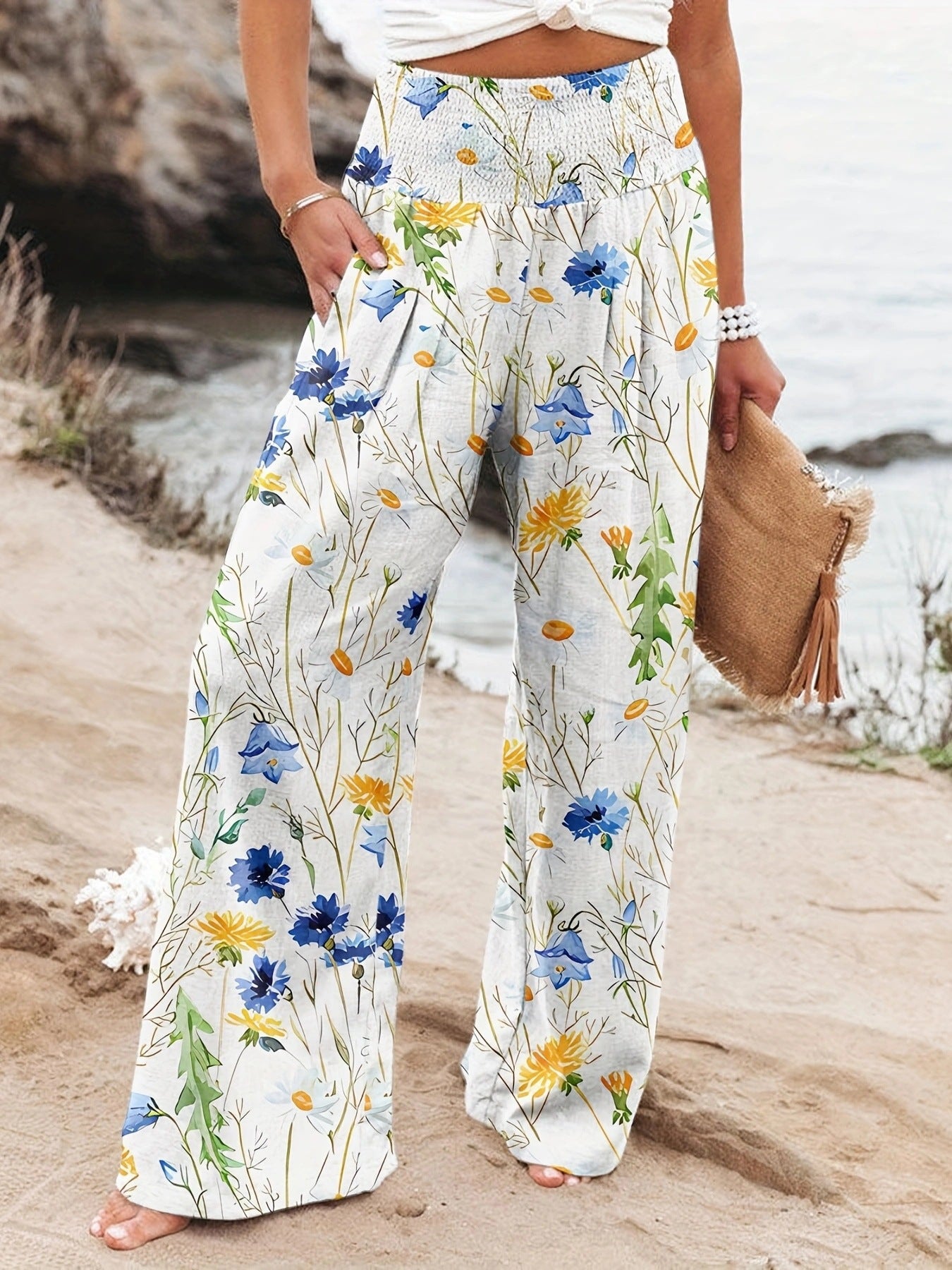 Damen Weit geschnittene Sommerhose mit floralem Print und elastischem Bund Stalluxe