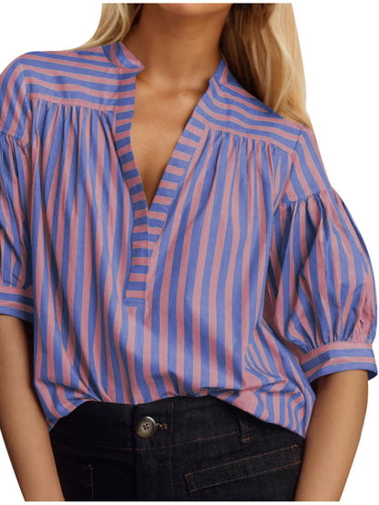 Damen Hemdblusenshirt mit Puffärmeln und gestreiftem Muster Stalluxe