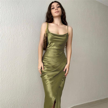 Damen Elegant drapiertes Maxikleid mit sexy Schlitz und schmalen Spaghetti-Trägern Stalluxe
