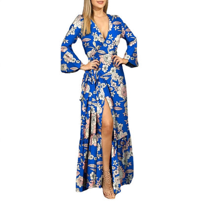 Damen Blumiges Wickelmaxikleid mit langen Ärmeln und seitlichem Schlitz Stalluxe