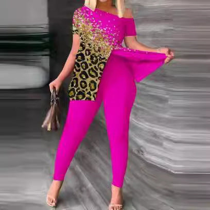 Damen Einseitig schulterfreier Jumpsuit mit animalischem Druck und Glitzerakzenten Stalluxe