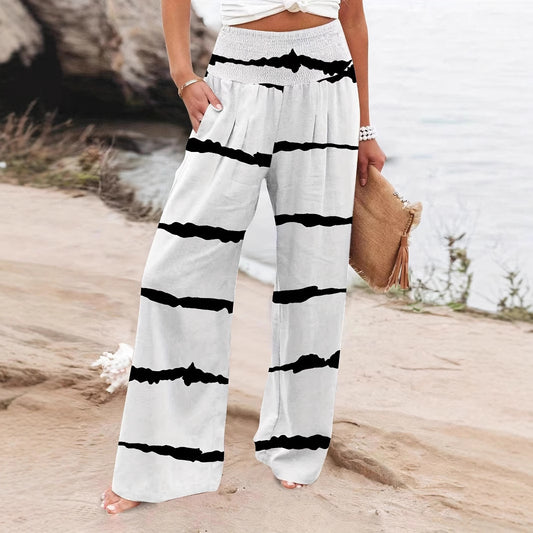 Damen weit geschnittene Sommerhose mit elastischem Bund und modischem Streifenmuster Stalluxe
