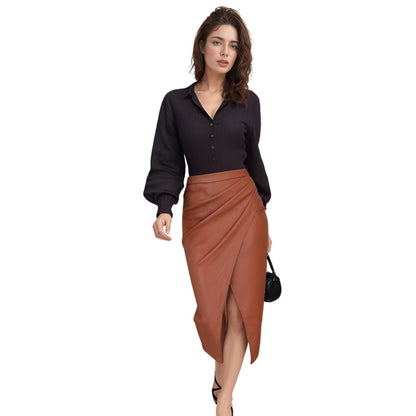 Damen Eleganter Wickelrock aus hochwertigem Kunstleder mit asymmetrischem Schnitt Stalluxe