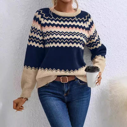 Damen elegante Strickpullover mit modernem Zick-Zack-Muster und Rundhalsausschnitt Stalluxe