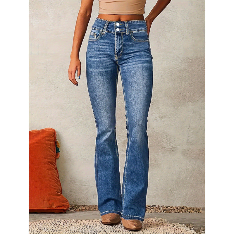 Damen Bootcut Jeans mit hohem Bund und modischen Knöpfen Stalluxe