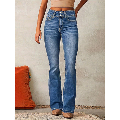 Damen Bootcut Jeans mit hohem Bund und modischen Knöpfen Stalluxe