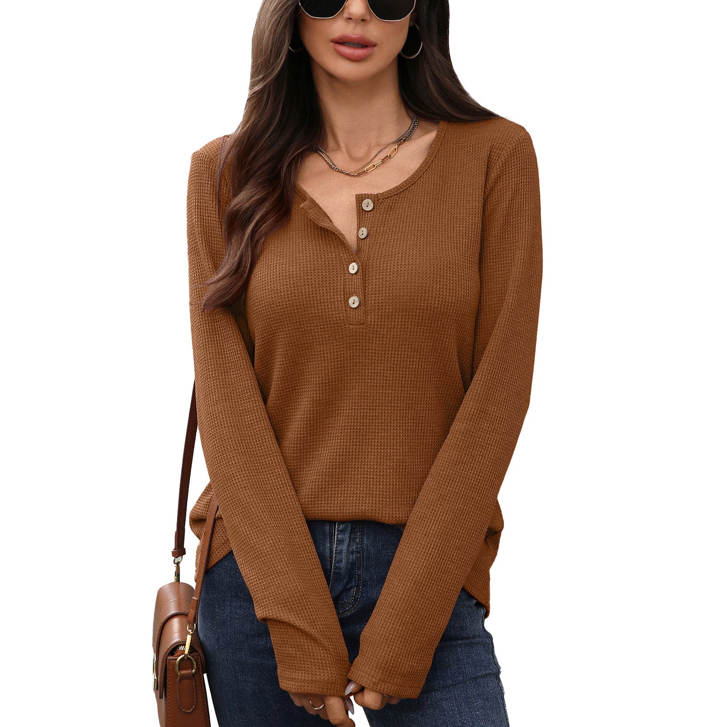Damen Waffelstrick Langarmshirt mit Knopfleiste Stalluxe
