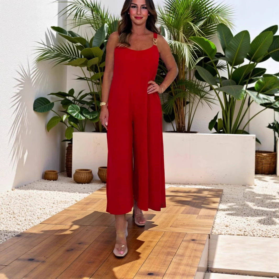 Damen legerer Jumpsuit mit weitem Bein und schmalen Trägern Stalluxe