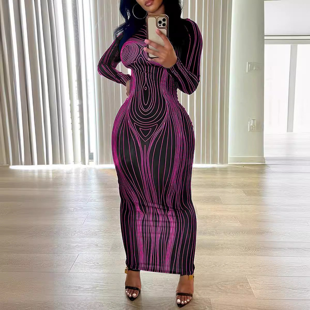 Damen Langarm Maxikleid mit figurformender Linienstruktur Stalluxe