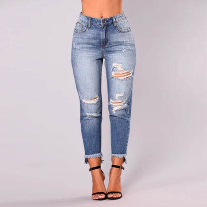 Damen High-Waist Jeans im modernen Destroyed-Look mit angesagtem fransigen Saum Stalluxe Hellblau