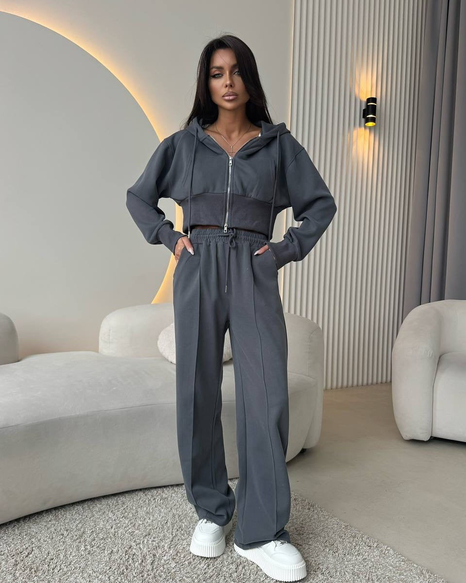 Damen sportliches Cropped Sweat-Set mit elastischem Bund und hohen Taschen Stalluxe