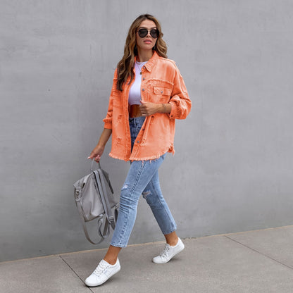 Damen Oversized Denimjacke im Vintage-Stil mit Fransen Stalluxe