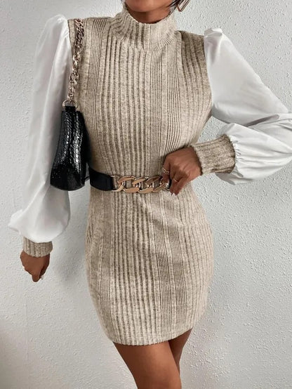 Damen Strickkleid mit eleganten Puffärmeln und Stehkragen Stalluxe
