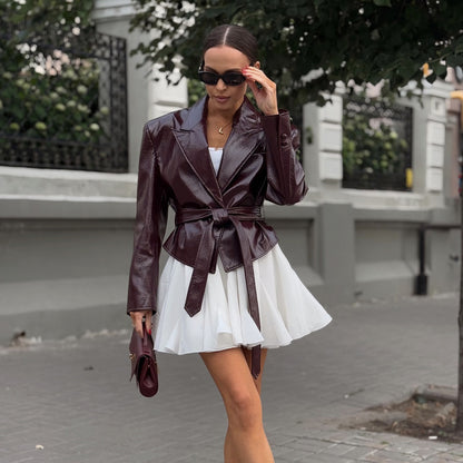 Damen edle, figurbetonte Lacklederblazer mit hochgeschlossenem Kragen und Taillengürtel Stalluxe