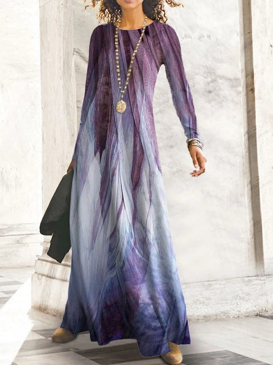 Damen Maxikleid mit elegantem, wellenförmigem Musterdruck und langem Arm Stalluxe