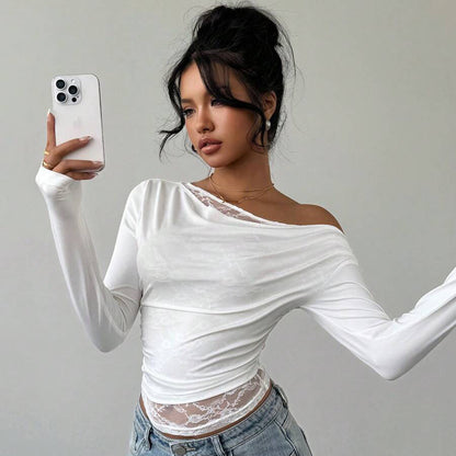 Damen Lässiges Langarmoberteil mit asymmetrischem Ausschnitt und transparenten Details Stalluxe