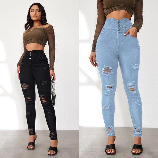 Damen High-Waist Jeans mit modischen Riss- und Knopfdetails Stalluxe