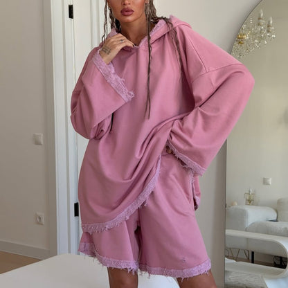 Damen sportlicher Oversized Hoodie mit fransigen Details und Shorts-Set Stalluxe