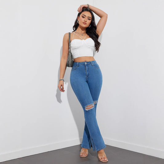 Damen High-Waist Destroyed Jeans im Bootcut-Stil Stalluxe