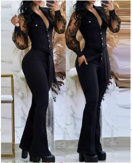 Damen Eleganter Jumpsuit mit transparenten Ärmeln und tailliertem Schnitt Stalluxe