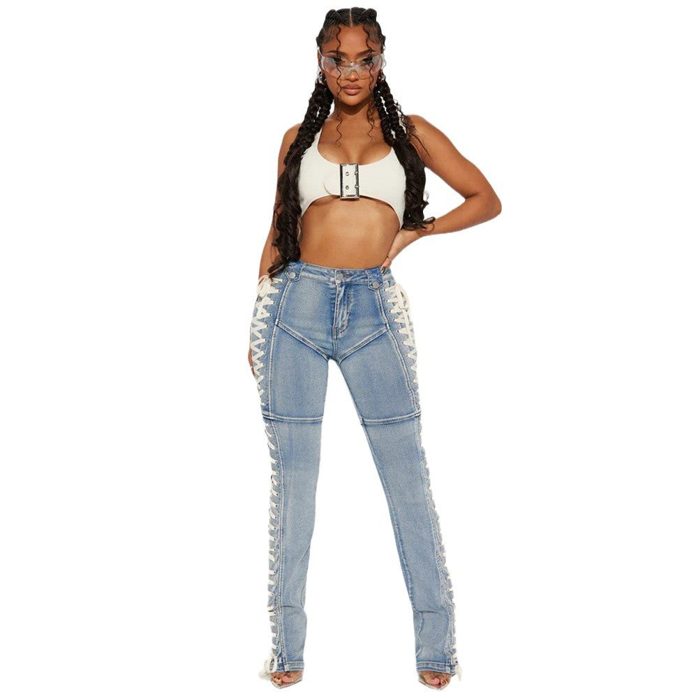 Damen Bootcut-Jeans mit dekorativen Schnürdetails Stalluxe