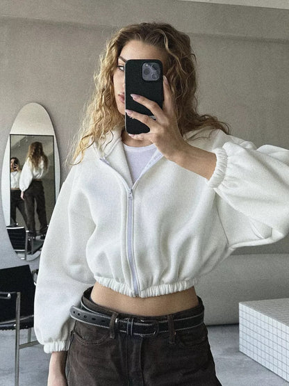Damen cropped Kapuzenpullover mit voluminösen Ärmeln Stalluxe