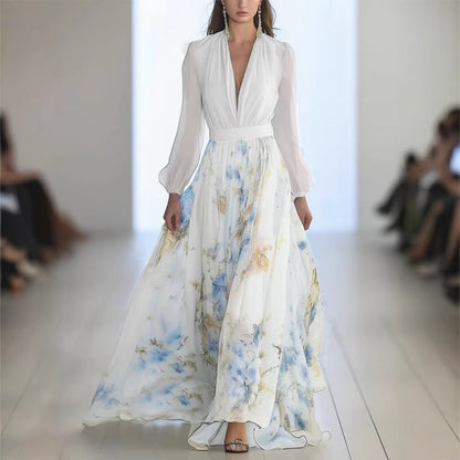 Damen Elegantes Maxikleid mit floralem Print und tiefem V-Ausschnitt Stalluxe