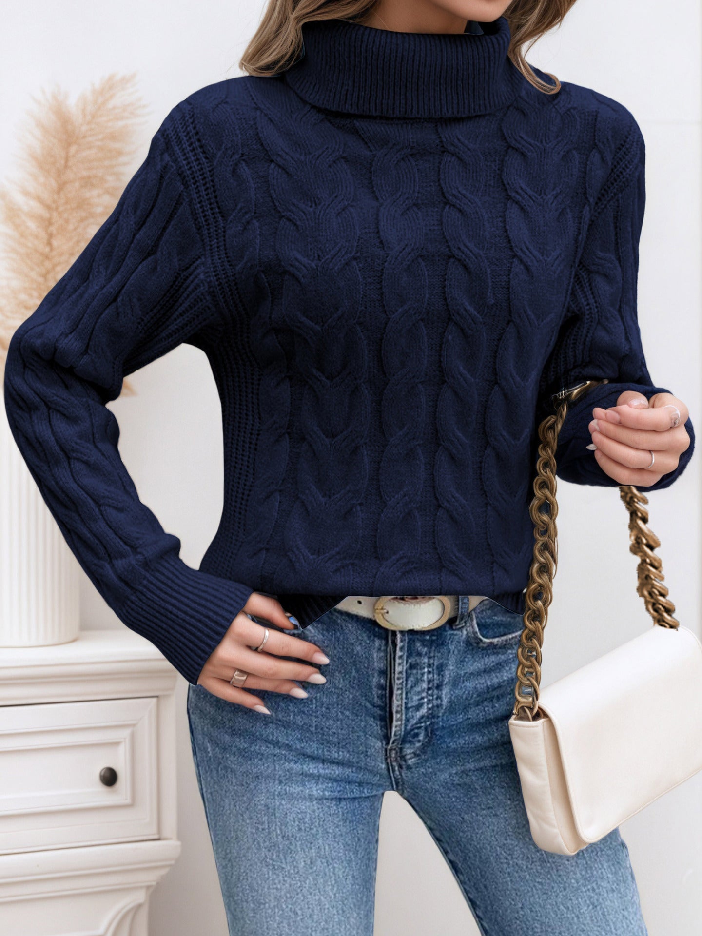 Damen Strickpullover mit hohem Kragen und Kabelmuster Stalluxe