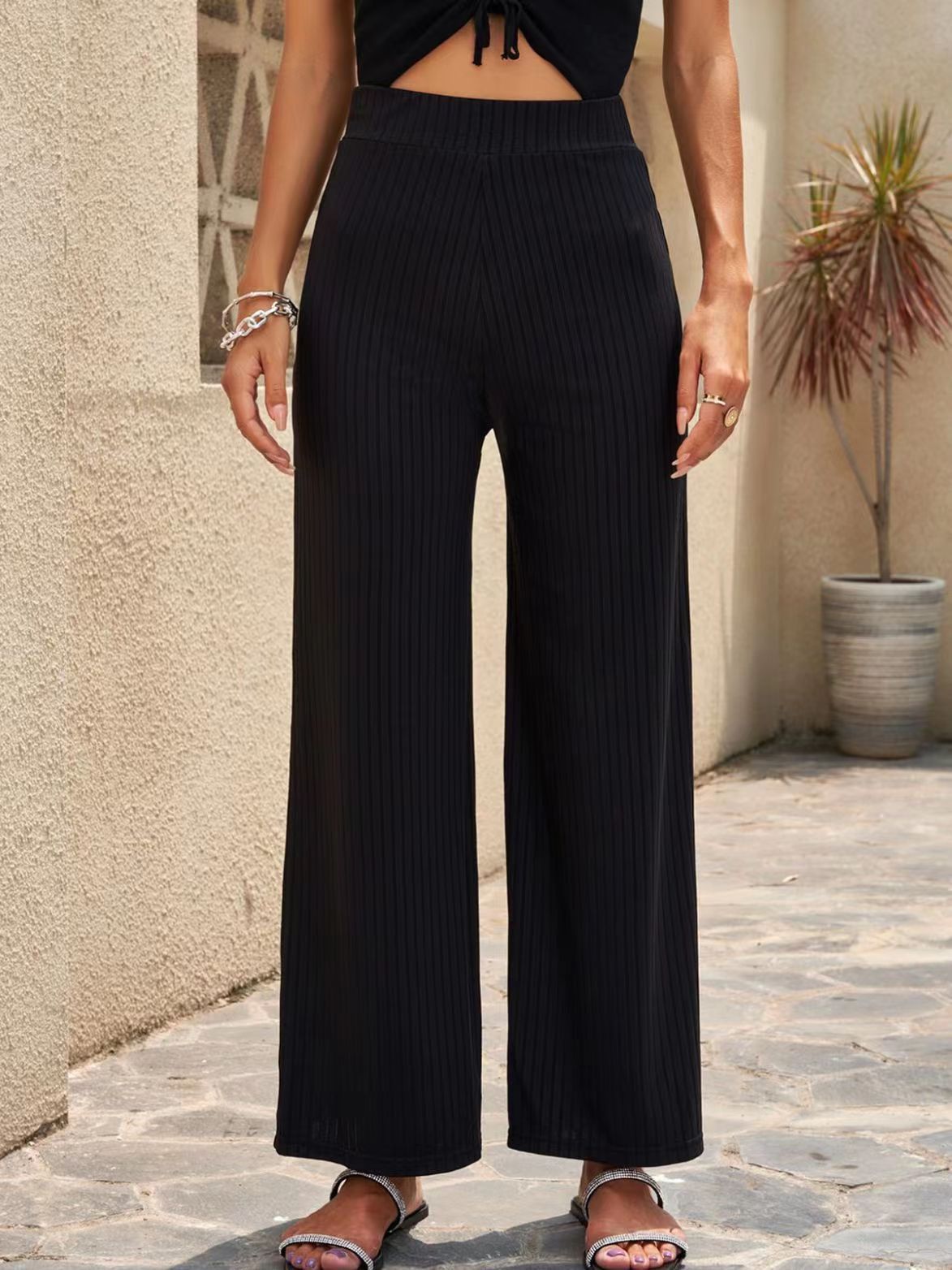 Damen elegante weit geschnittene Sommerhose mit feiner Rippstruktur Stalluxe
