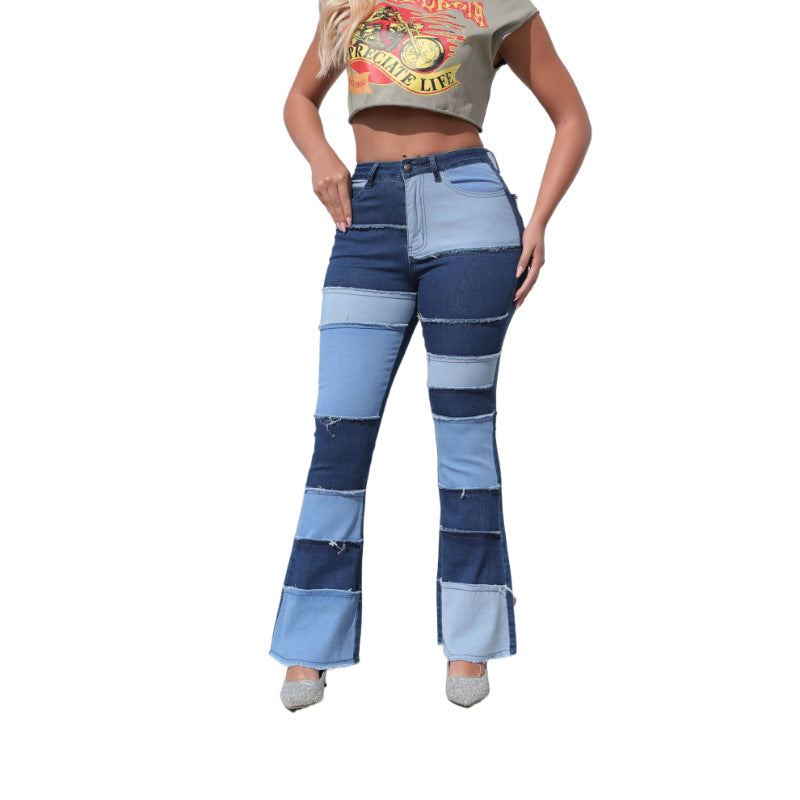 Damen Bootcut-Jeans mit modernem Patchwork-Design und lässigen Fransen Stalluxe