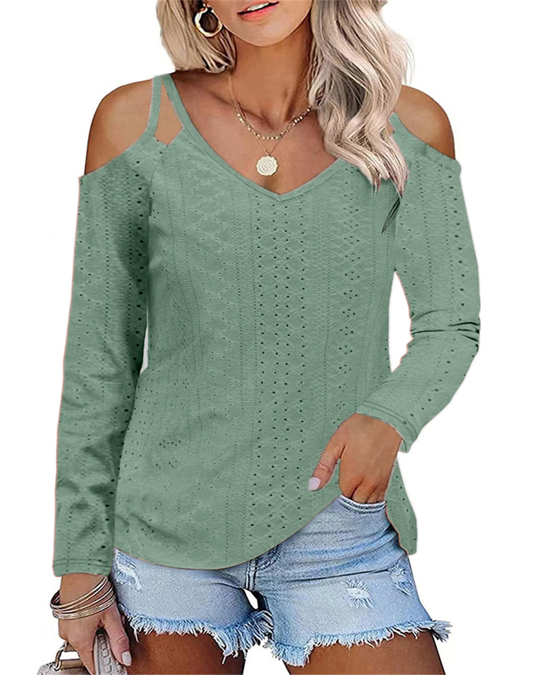 Damen Boho V-Ausschnitt Oberteil mit Off-Shoulder-Ärmeln und feinem Strukturdesign Stalluxe