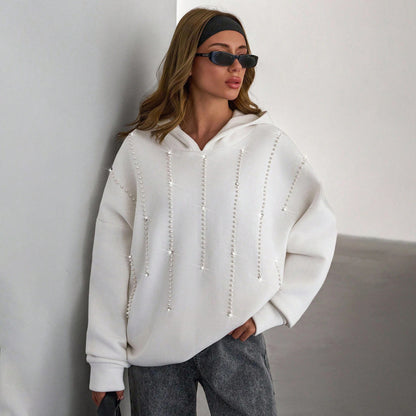 Damen Oversized Kapuzenpullover mit eleganten Perlenakzenten Stalluxe Weiß