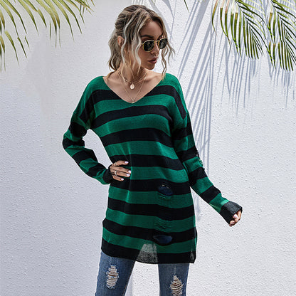 Damen gestreifter Oversized Pullover mit tiefem V-Ausschnitt und trendigen Cut-Outs Stalluxe