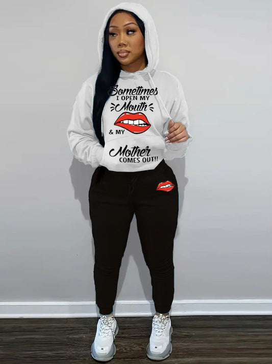 Damen Hoodie und Jogginghose Set mit kreativem Lippenmotiv Stalluxe