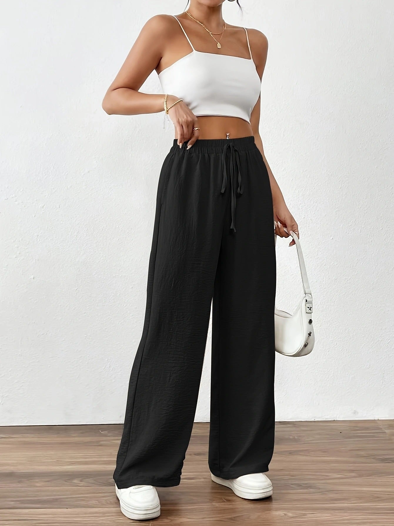 Damen weite Palazzo-Hose mit elastischem Bund und taillierbarem Kordelzug Stalluxe