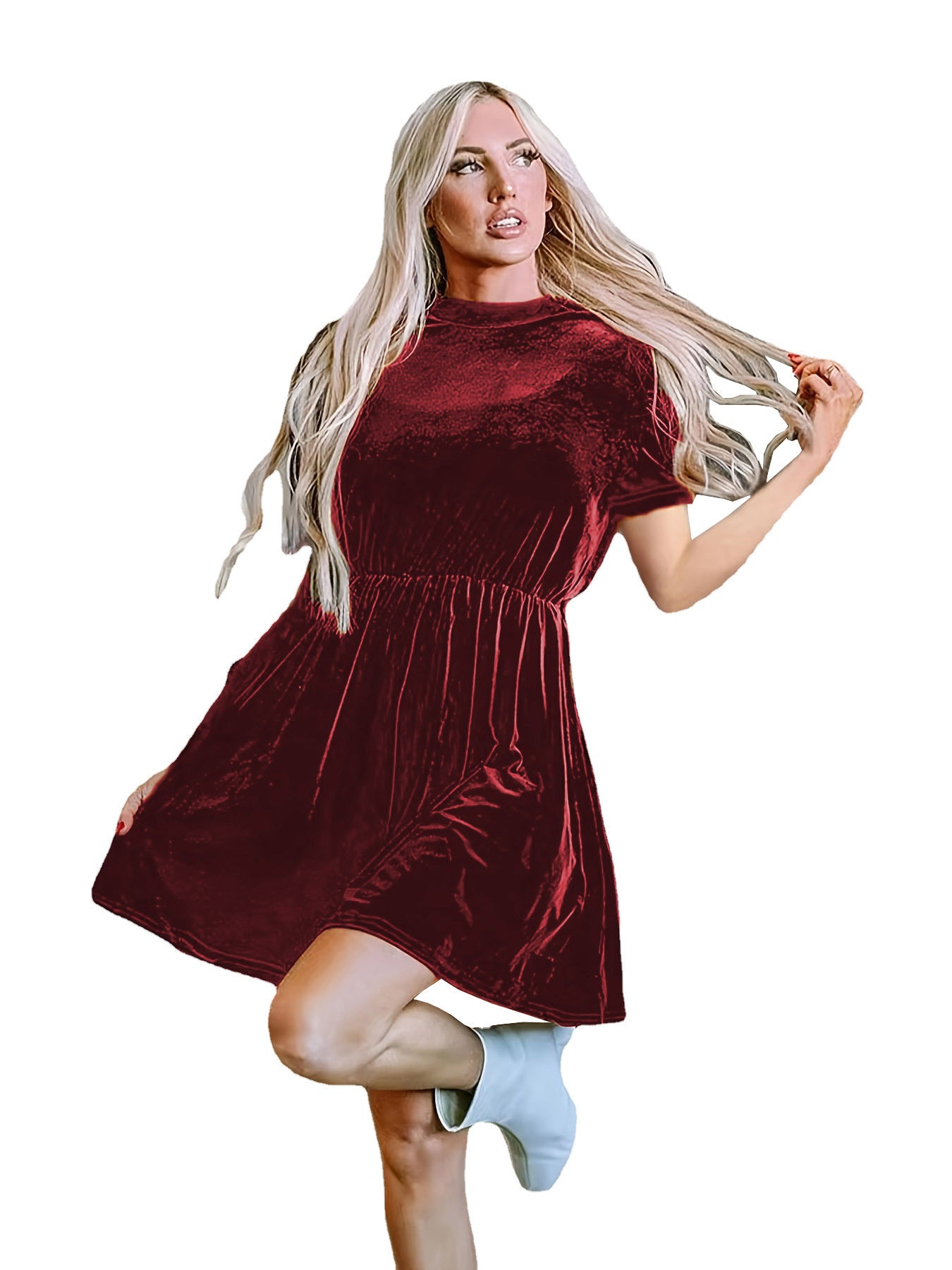 Damen Samt Minikleid mit hohem Kragen und lässigem Schnitt Stalluxe Weinrot