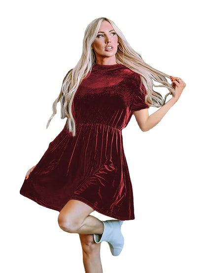 Damen Samt Minikleid mit hohem Kragen und lässigem Schnitt Stalluxe Weinrot